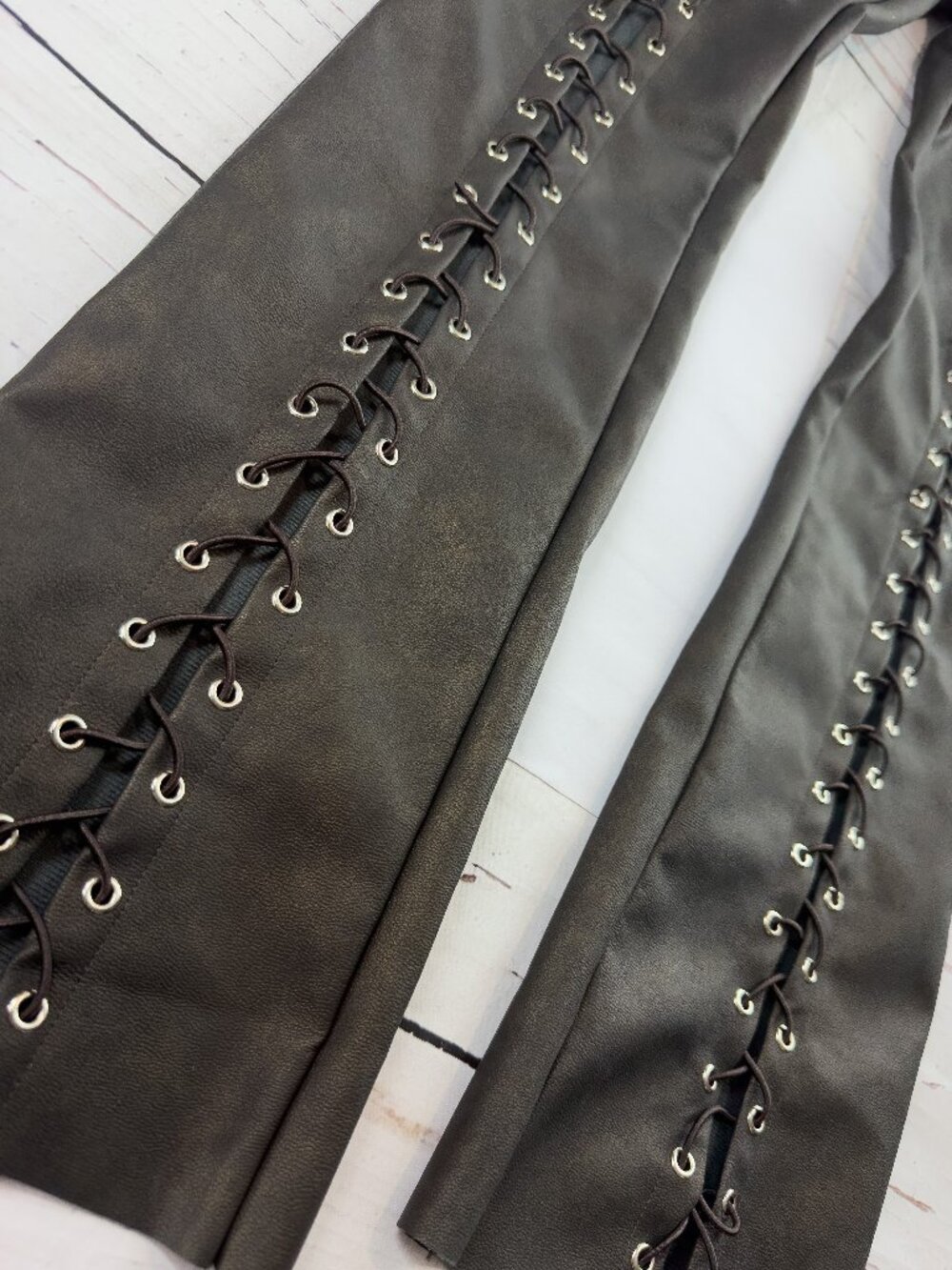 White Fox Lace-Up Faux Leather Flare Chocolate XS Y2K Moto grunge Y2K trouser - Picture 4 of 13